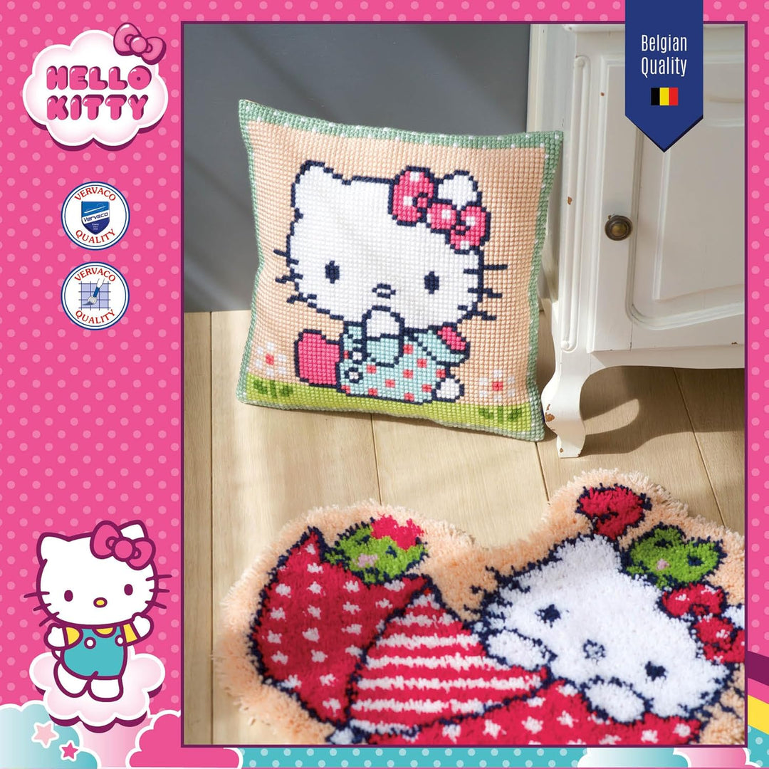 Vervaco Wiese Kreuzstichkissen/Stickkissen vorgedruckt, Baumwolle, Hello Kitty: On The Lawn, 40 x 40