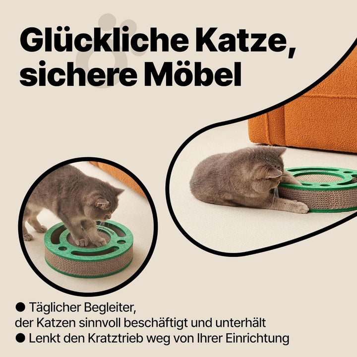 Kratzbrett mit Ballbahn und Glockenbällen – Interaktives Katzenspielzeug, Kratzpappe für Katzen mit