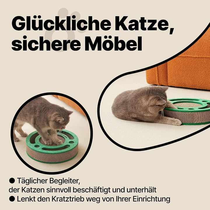 Kratzbrett mit Ballbahn und Glockenbällen – Interaktives Katzenspielzeug, Kratzpappe für Katzen mit