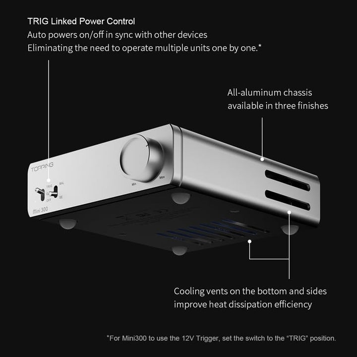 Topping Mini 300 Kompakter Desktop-Leistungsverstärker, 140 W x 2 TRS/RCA-Eingang, vollsymmetrischer