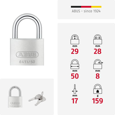 ABUS Vorhängeschloss Titalium 64TI/50 gl.-6512 - gleichschliessend - Kellerschloss mit Schlosskörper