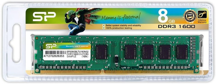 SILICON POWER DDR3 UDIMM RAM Memory 1600 MHz CL11 1.5V 8 GB (SP008GBLTU160N02) Green