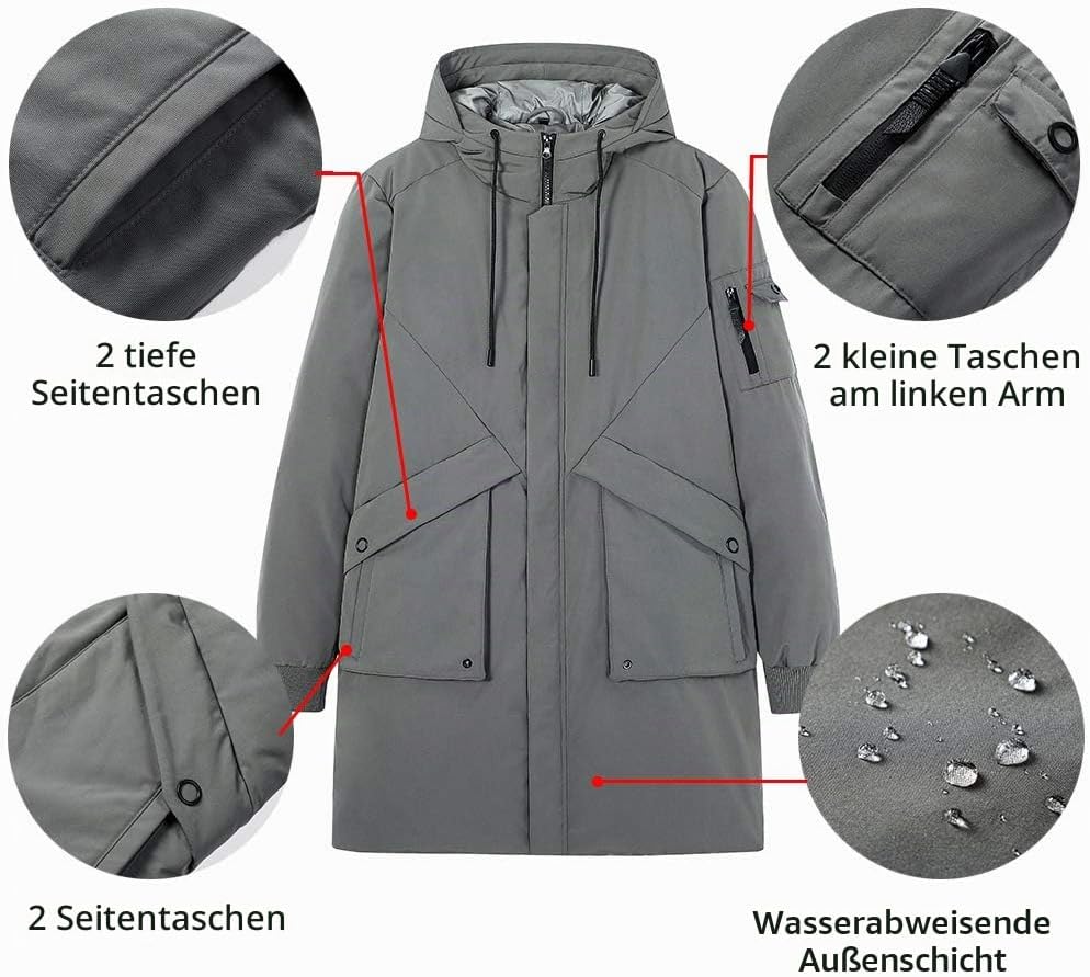 Herren Winterjacke Warm Lang Warme Atmungsaktiv Jacken Outdoor Coat mit Kapuze, S Grau