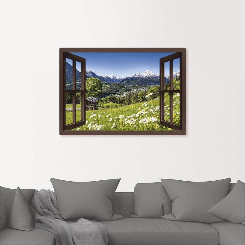 Artland Leinwandbild Wandbild Bild auf Leinwand 70x50 cm Wanddeko Fensterblick Fenster Alpen Landsch