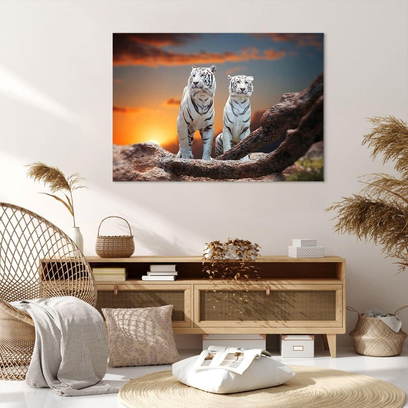 Bilder auf Leinwand 100x70cm Leinwandbild Tiger weiss Rock Sonnenuntergang Gross Wanddeko Bild Schla