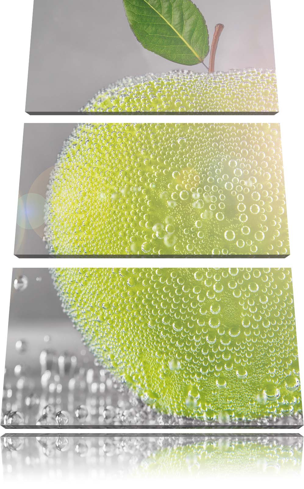 Pixxprint Grüner saftiger Apfel mit Wasserperlen 3-Teiler Leinwandbild 120x80 Bild auf Leinwand