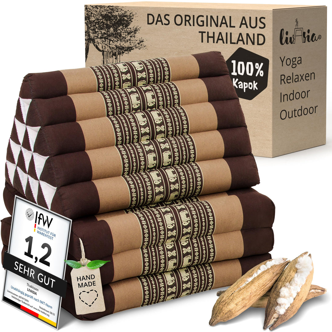 livasia Thaikissen 3 Auflagen extrahoch - 185x55x8cm - Dreieckskissen mit Klappmatratze, Kapok, Jumb