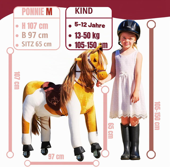 PONNIE Einhorn mit Rollen M (5-12 Jahre), Unicorn zum Reiten mit Abnehmbarer Braun Sattel und Halfte