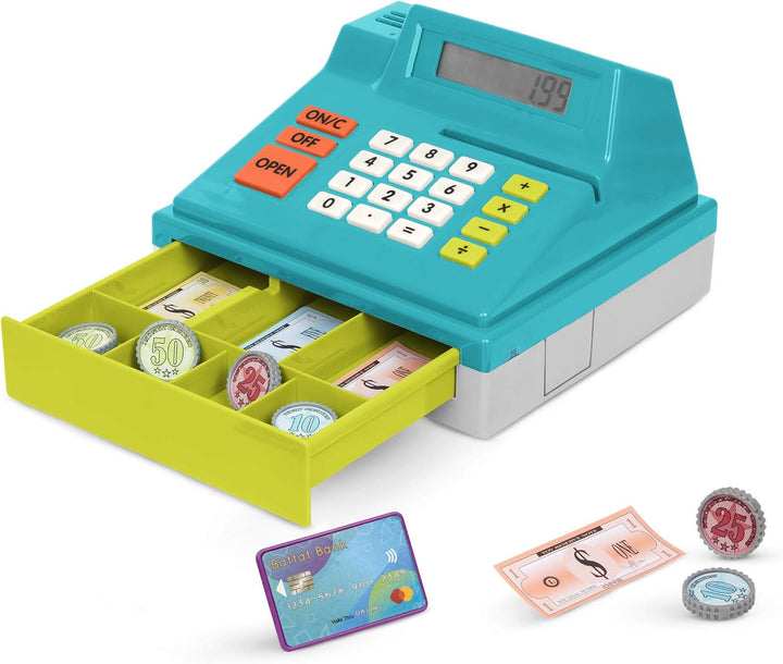 Battat Spielkasse Kinder, Kasse Spielzeug, Spielzeugkasse, elektronische Supermarktkasse mit Taschen