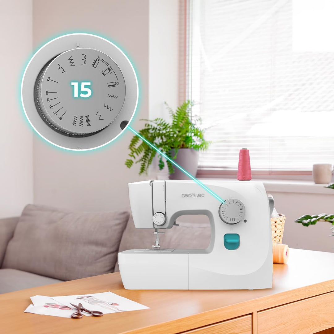 Cecotec Nähmaschine BelleCouture 1500 Essential, kompakt und tragbar, 15 Stiche, für Anfänger, manue