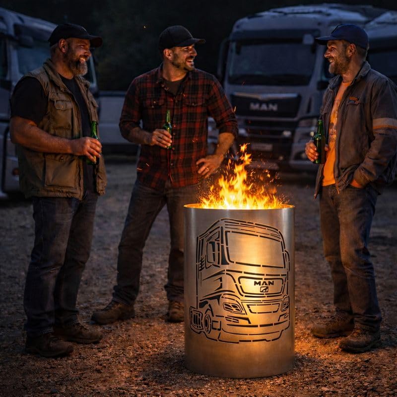 TiKo-Design® Feuertonne Man Truck Motiv – Feuerkorb aus Stahl mit LKW-Design – Handgefertigte Garten