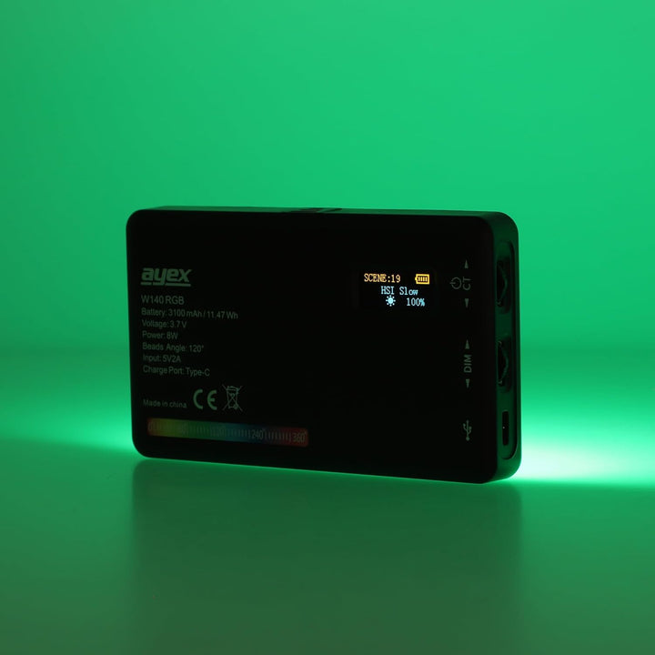 ayex vielseitige RGB LED Videoleuchte mit 20 Lichteffekten LCD-Display und integriertem Akku 20 Lich