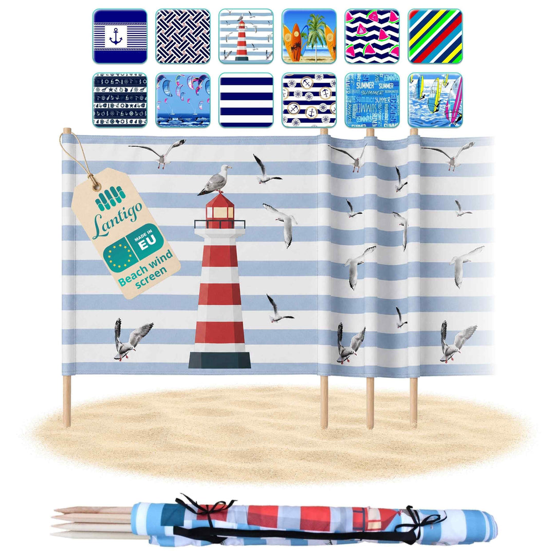 Strandparavent Mikrofaser | Windschutz 80cm | Leuchtturm 8m | Robuste Holzstäbe | Vernäht | Hochwert