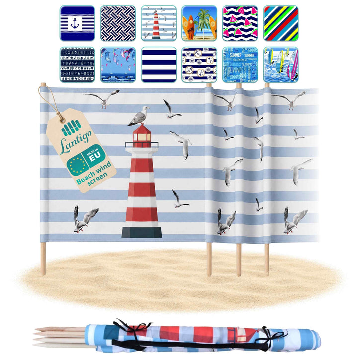 Strandparavent Mikrofaser | Windschutz 80cm | Leuchtturm 8m | Robuste Holzstäbe | Vernäht | Hochwert