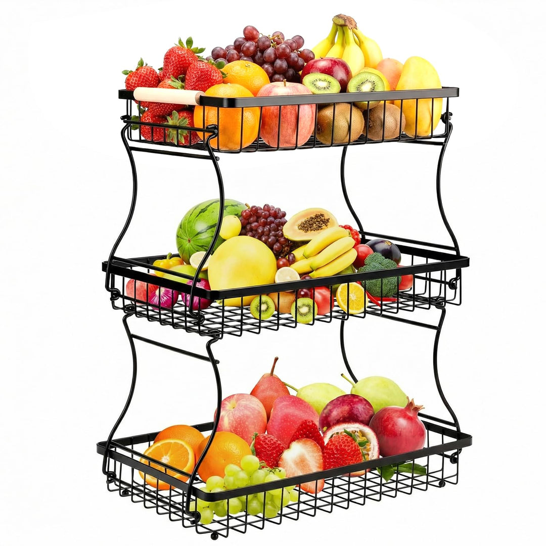 VINATO Obstschale, 3-stöckige Moderner Obstkorb mit Holzgriffen, für Küche, Bad & Mehr – Ideal für O