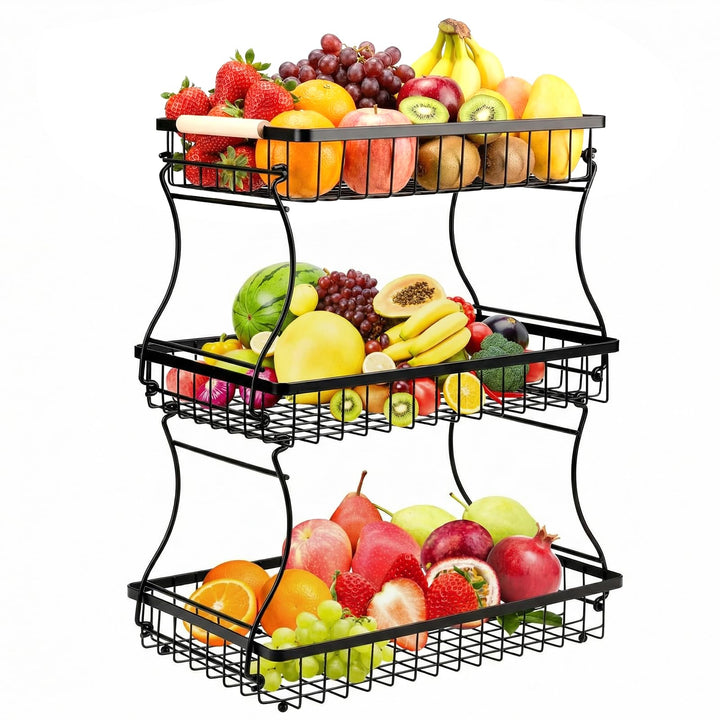 VINATO Obstschale, 3-stöckige Moderner Obstkorb mit Holzgriffen, für Küche, Bad & Mehr – Ideal für O