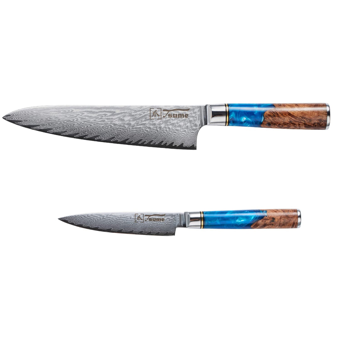 Tsume Starter Set Saphir, Messerset mit 2 Premium Küchenmessern, Echte Damast Küchenmesser, 67 Schic