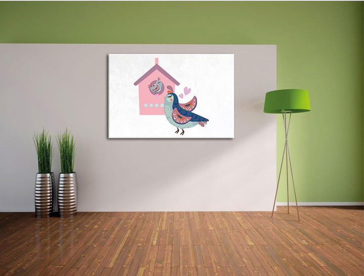 Pixxprint Vogelmutter mit süssem Vogel Baby und Vogelhäuschen weiss, Format: 100x70 auf Leinwand, XX
