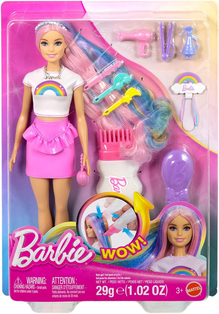 Barbie Regenbogen-Glitzerhaar Puppe, besonders Lange und Bunte Haare mit 12 Styling-Zubehörteilen wi