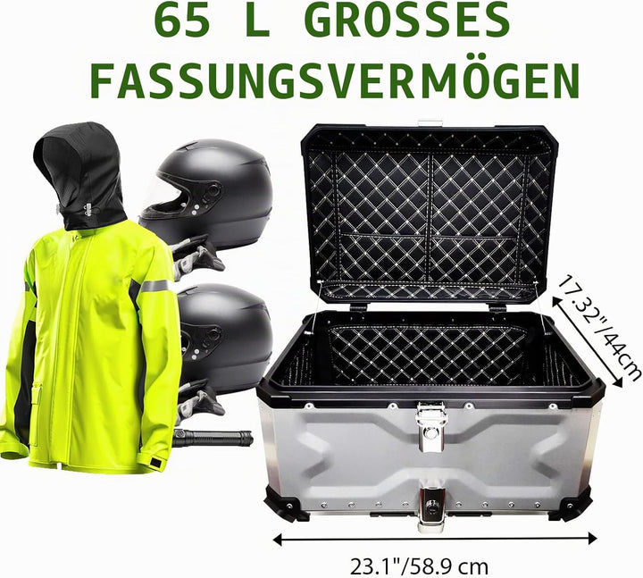 VOKKA Topcase Motorrad, 65L Aluminiumlegierung Topcase für Roller, Wasserdicht, Staubdicht und Diebs