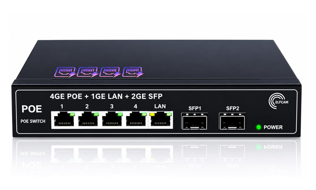 Elfcam® - PoE Switch Glasfaser mit 2 Ports SFP 1,25 GB, 4 Ports PoE Gigabit Ethernet 10/100/1000 Mbp