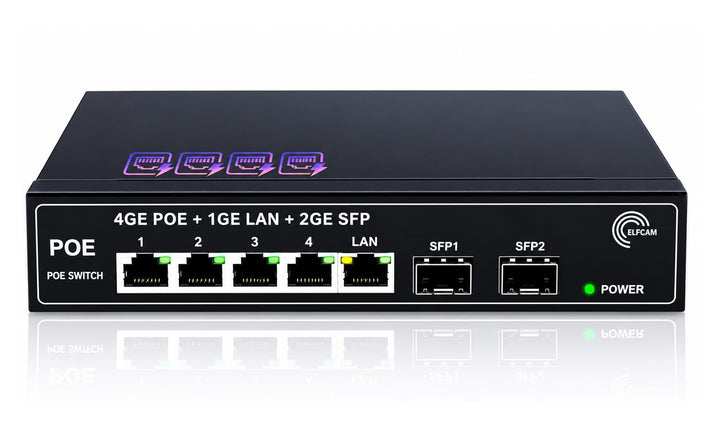 Elfcam® - PoE Switch Glasfaser mit 2 Ports SFP 1,25 GB, 4 Ports PoE Gigabit Ethernet 10/100/1000 Mbp