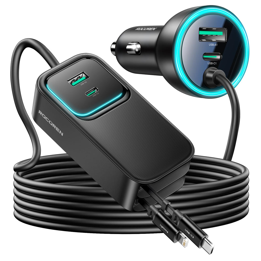 Rocoren 6 IN 1 Zigarettenanzünder USB 135W Auto Ladegerät Einziehbares SchnellLadegerät Adapter, 12V