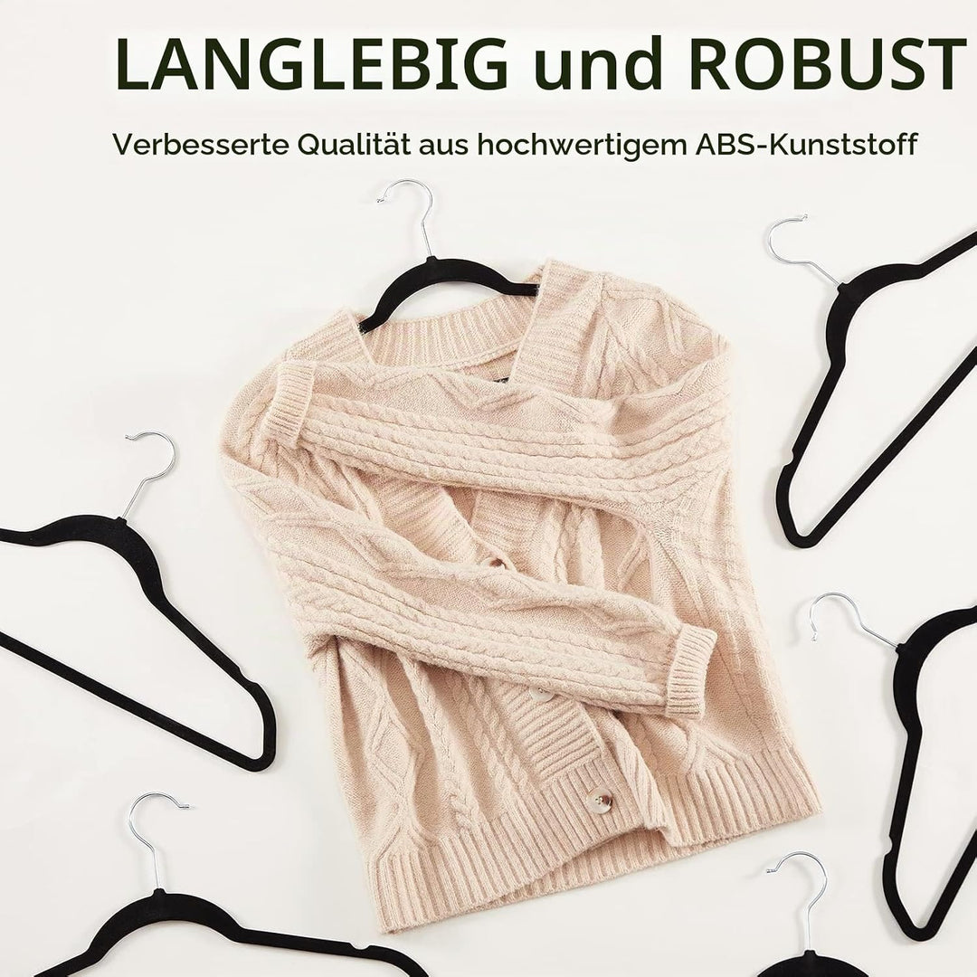 HOUSE DAY Schwarzer Kleiderbügel 120 Stück, Samt Kleiderbügel Rutschfester Filz Bügel -Platzsparende