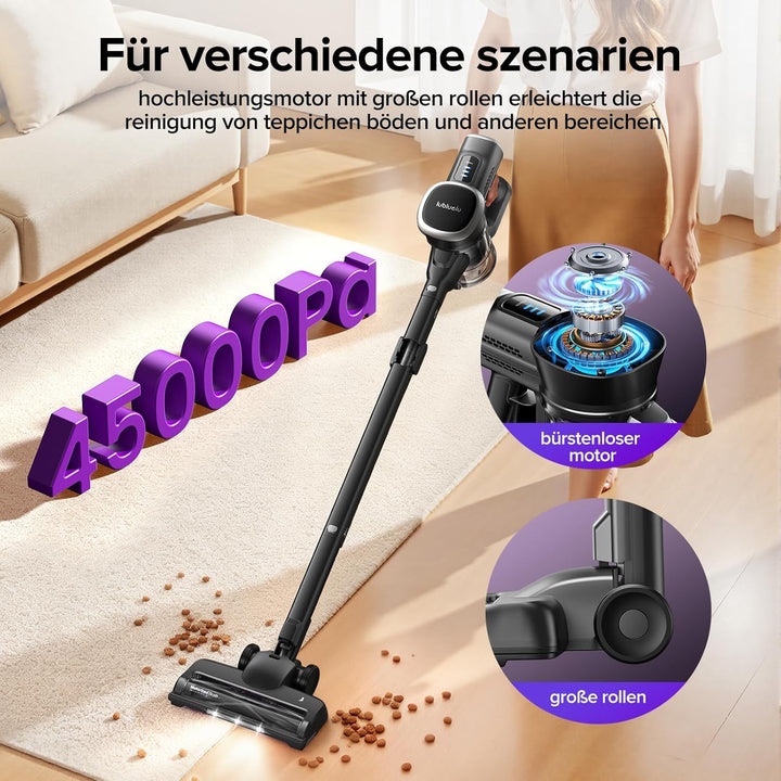 Lubluelu Kabelloser Staubsauger 45Kpa 400W, Starke Saugleistung, Leicht & Leise, Selbststehend mit L