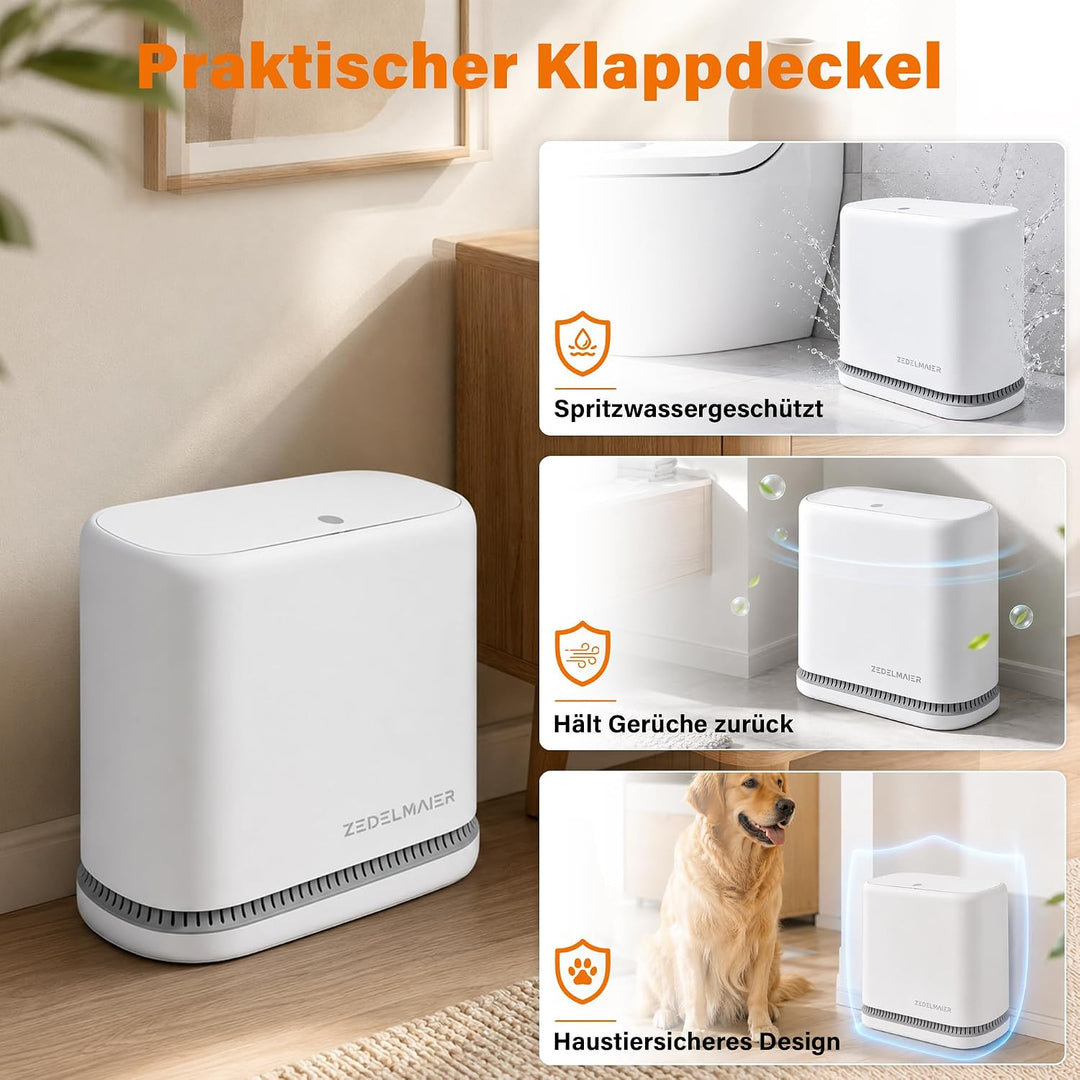 Zedelmaier Schmaler Mülleimer 8L mit Deckel Abfalleimer 15cm Weiss 2er Set | Druckknopf deckel; Hält