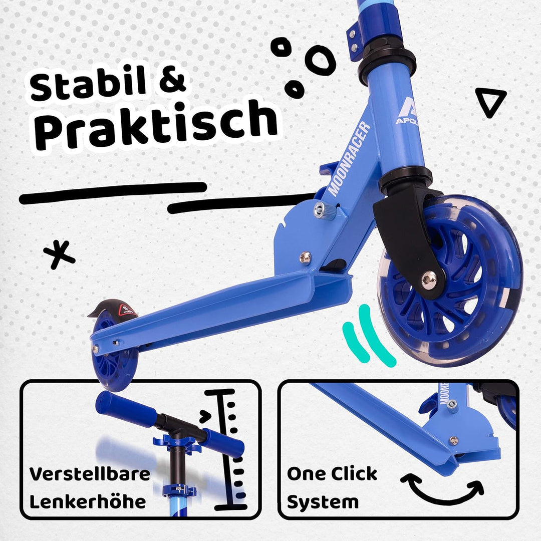 Apollo Scooter LED - Moonracer City Scooter mit Federung, Roller klappbar Tretroller Kinder ab 4 Jah