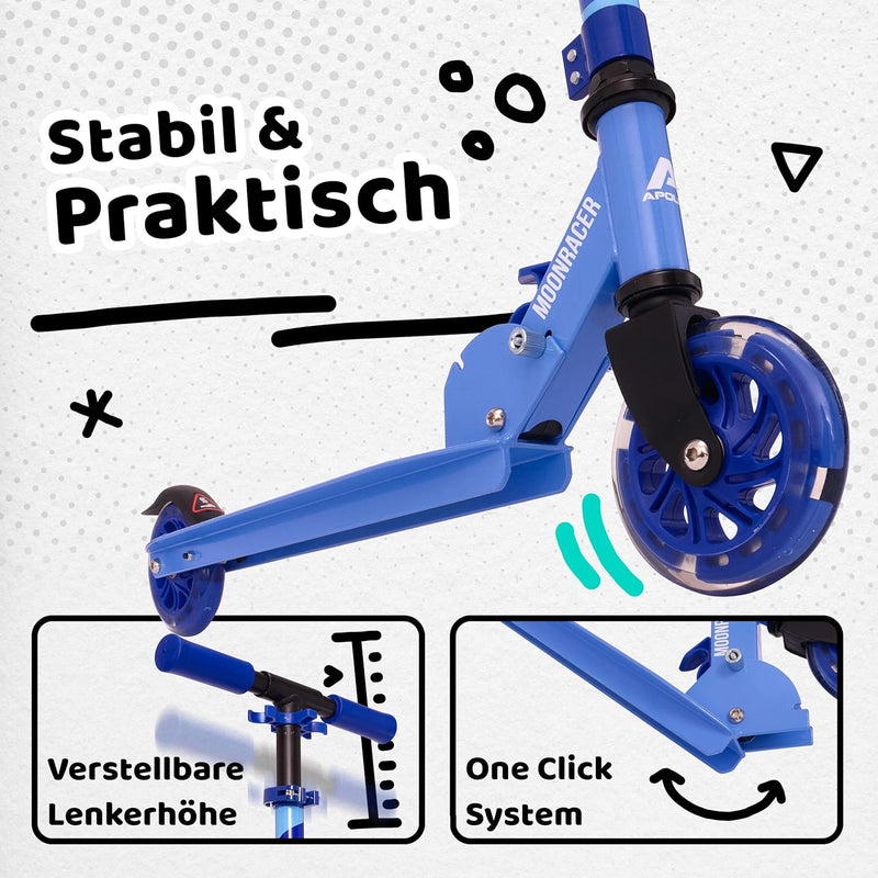 Apollo Scooter LED - Moonracer City Scooter mit Federung, Roller klappbar Tretroller Kinder ab 4 Jah
