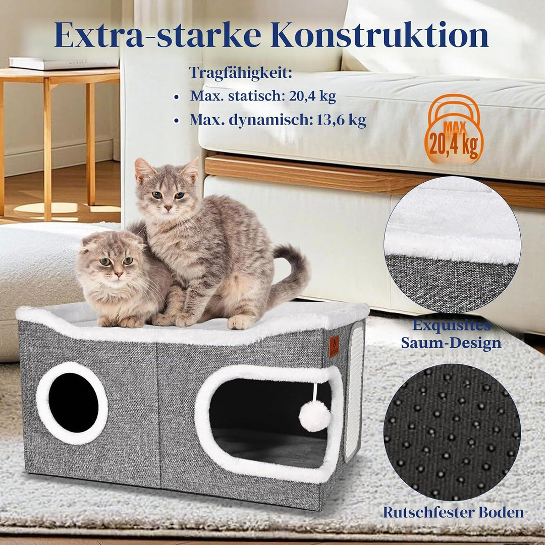 Extra Grosse Katzenhaus Indoor, 2-stöckige Kuschelhöhle mit Kratzbrett und Spielball, Katzenhöhle fü