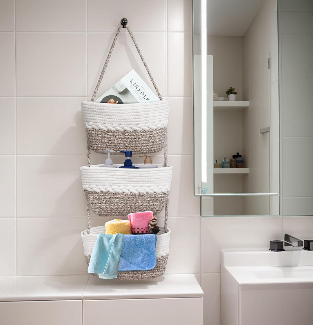 hänge aufbewahrungskorb Über der Tür hängender Korb zum3-Tier gewebter Baumwollseil Wandhalterung Au