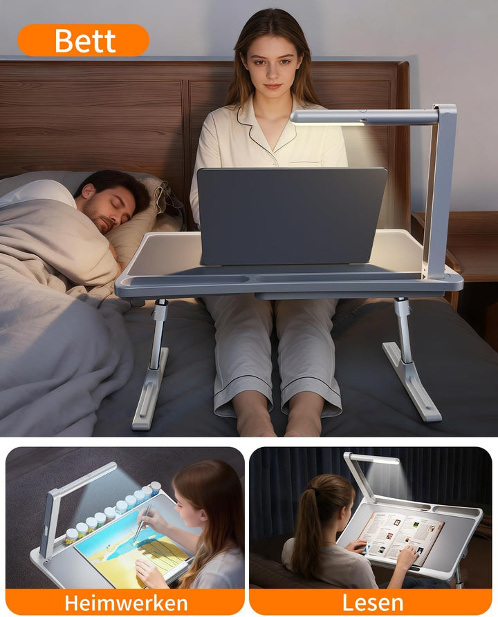 Laptoptisch Betttisch mit LED Lampe,Klappbar Laptop Tisch Höhenverstellbar Lapdesk für Bett Tablettt