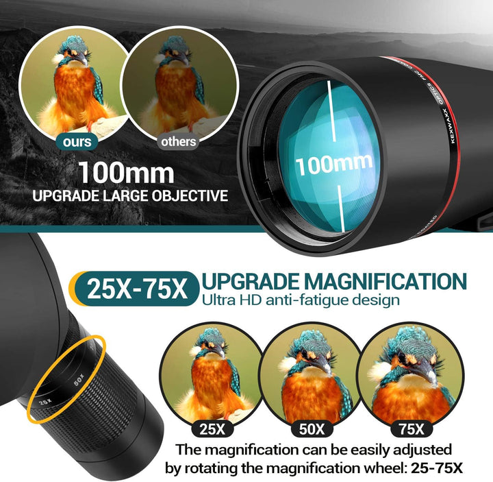 Spektive 25-75X 100MM für Sportschützen Jagd Vogelbeobachtung IPX7 Wasserdicht FMC BAK4 Prisma mit S