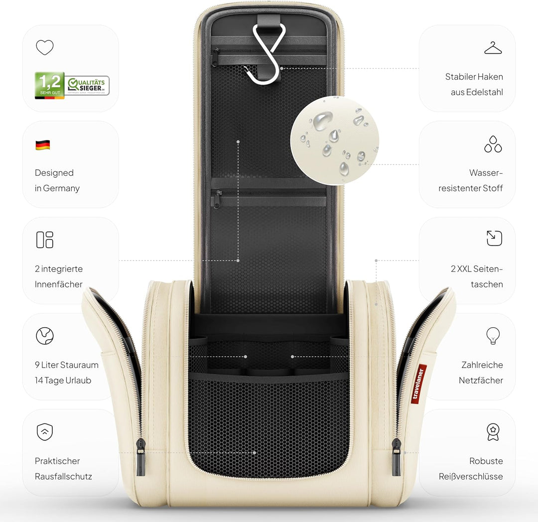 Travelaner® Kulturbeutel Design 2026, XXL 3-in-1 Kulturtasche zum Aufhängen mit 9 Liter Stauraum für