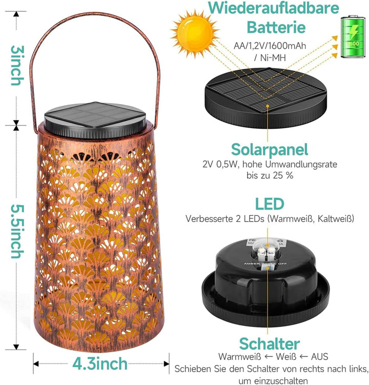 Solarlaterne für Aussen, Moman 2 Stück Metall Solarlampen für Aussen Garten mit Kalt/Warm Licht, Hän