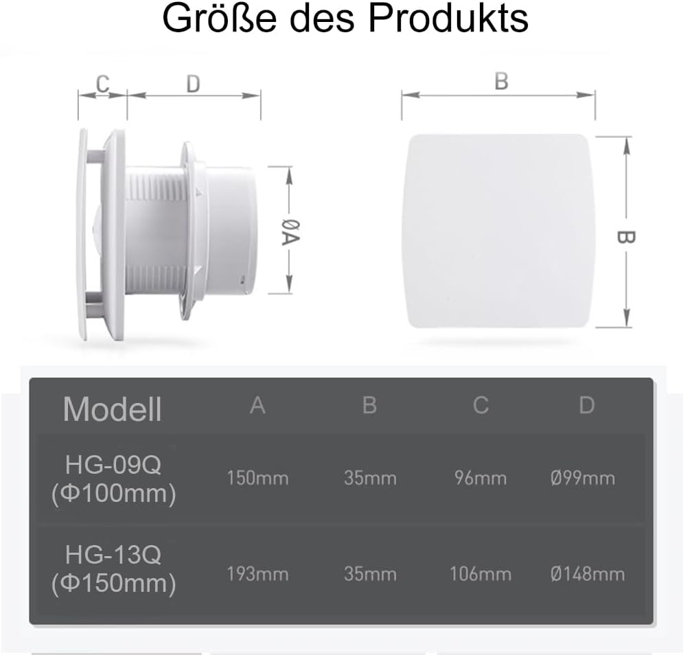 HUGOOME Abluftventilator 100 mm 12 W 95 m³/h 2200rpm mit Rückschlagventil, Fenster und Wandmontage V