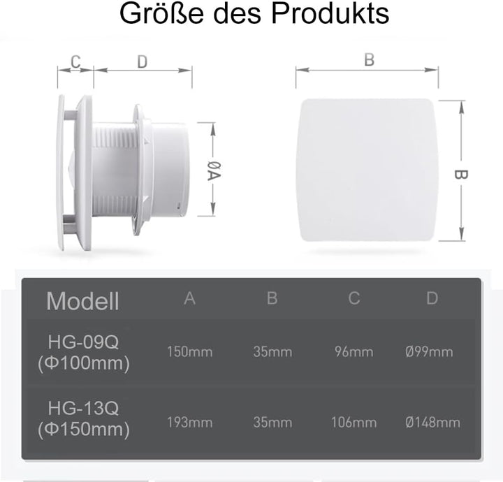 HUGOOME Abluftventilator 100 mm 12 W 95 m³/h 2200rpm mit Rückschlagventil, Fenster und Wandmontage V