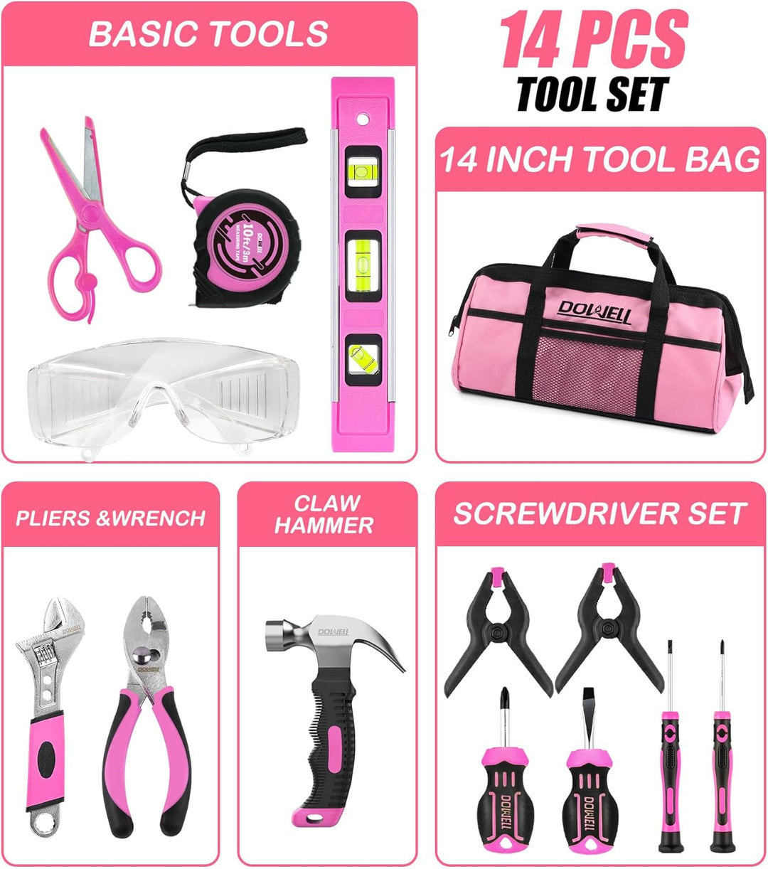 DOWELL 14 Stück Werkzeuge Set Pink, Werkzeugsatz mit Aufbewahrungstasche für Heimdekoration, DIY Geb