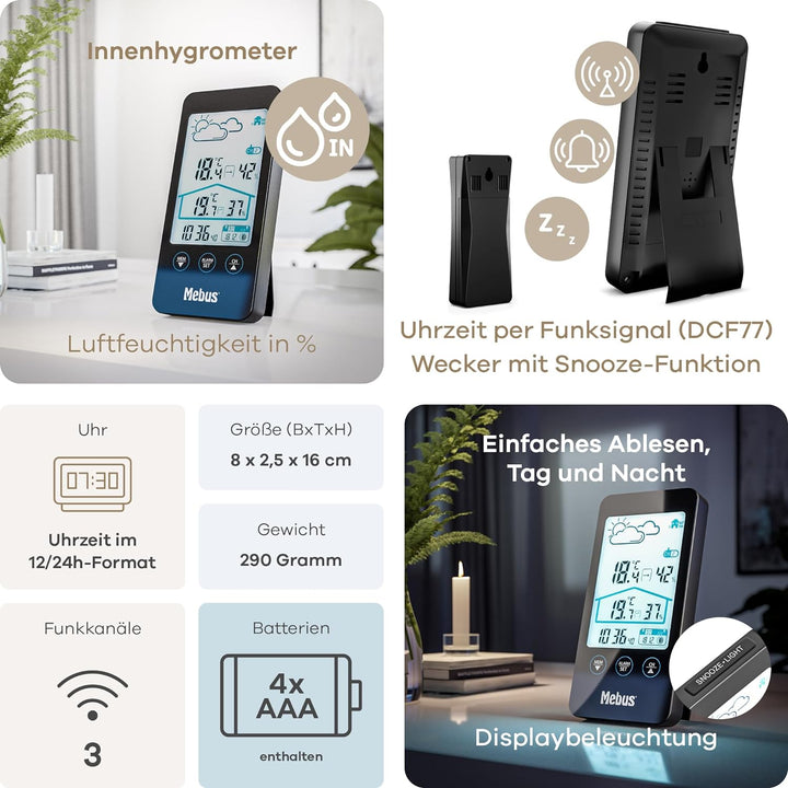 Mebus Wetterstation mit Aussensensor, zeigt Temperatur und Luftfeuchtigkeit innen und aussen, mit We