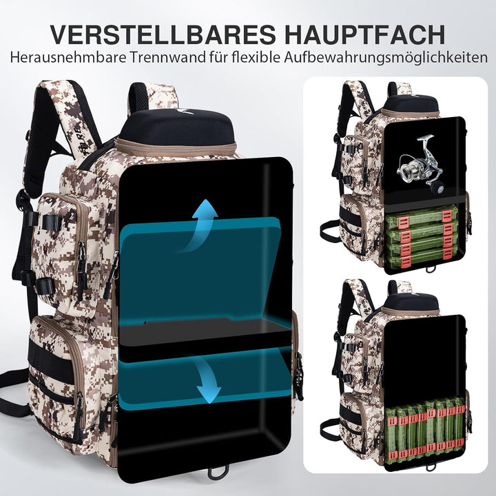 Goture Angelrucksack 45L, 4 Köderboxen, wasserdicht, Rutenhalter, Outdoor Wüsten-tarn 1