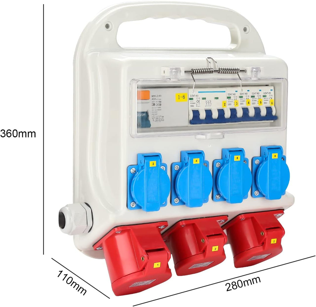 Fiqops Baustromverteiler 32a, Stromverteiler 4x230V+2x16A 400V CEE+1x32A 400V CEE, Wandverteiler mit