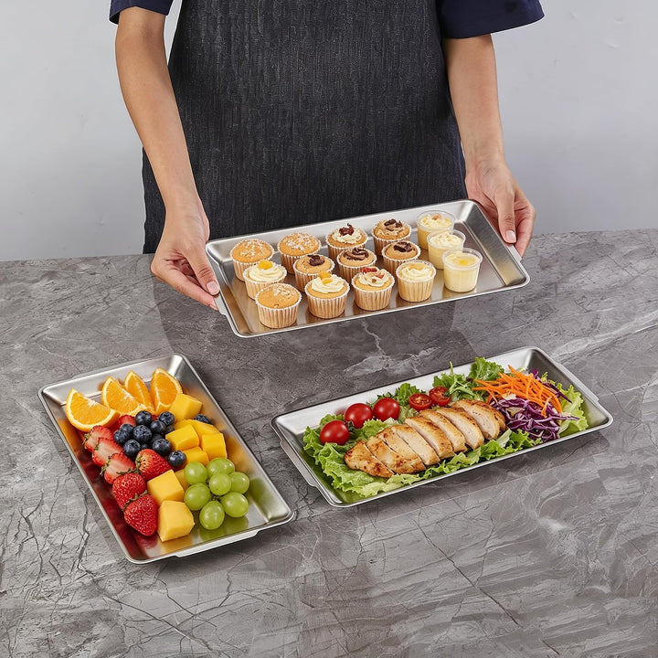 SANQIAHOME 3er Set Edelstahl Backbleche, 32 x 16 cm Rechteckige Bleche, Serviertabletts,Lebensmittel