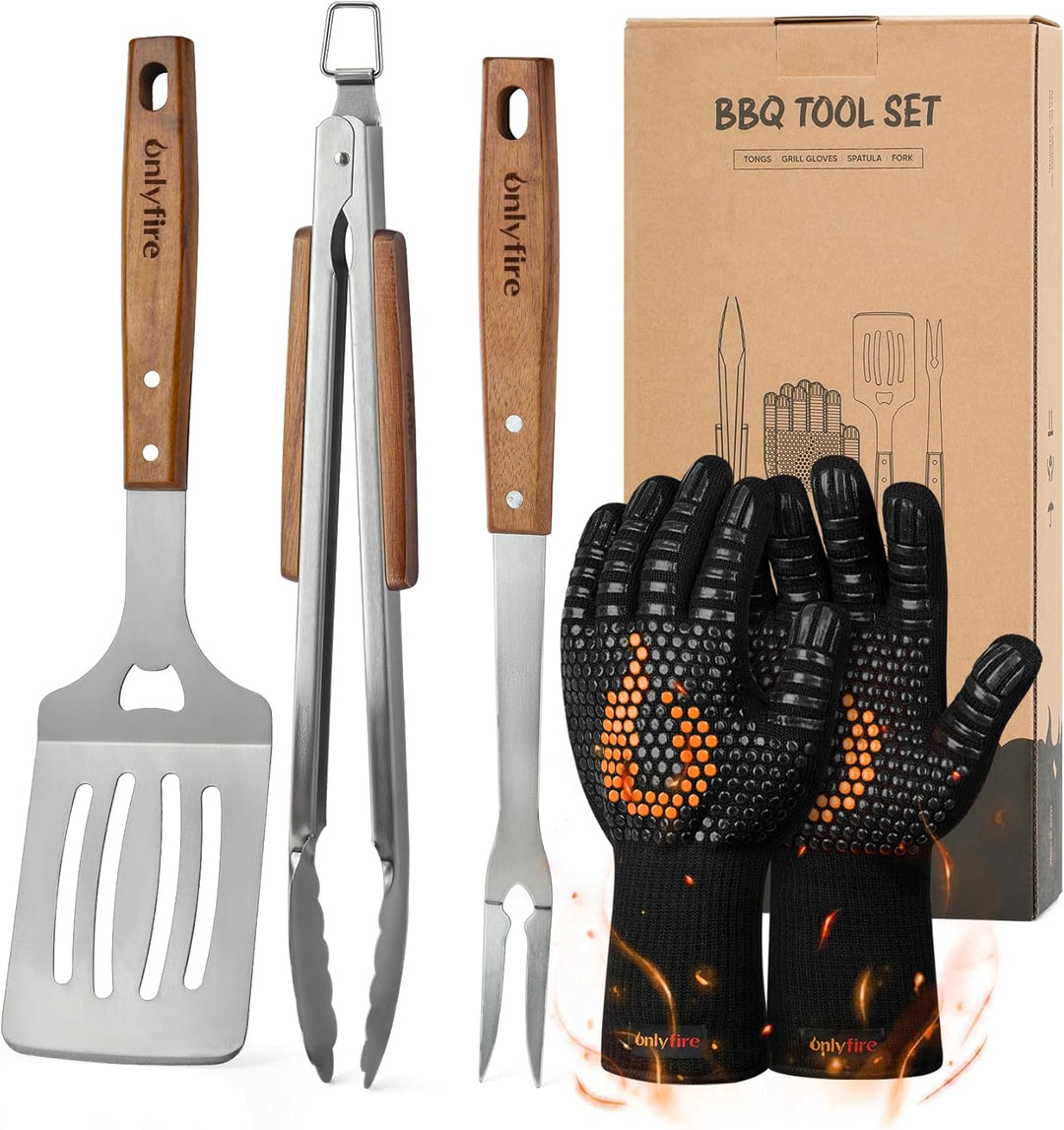 onlyfire BBQ Grillbesteck Set, Enthält Grillzange, Grillwender, Fleischgabel und Grillhandschuhe, Ed