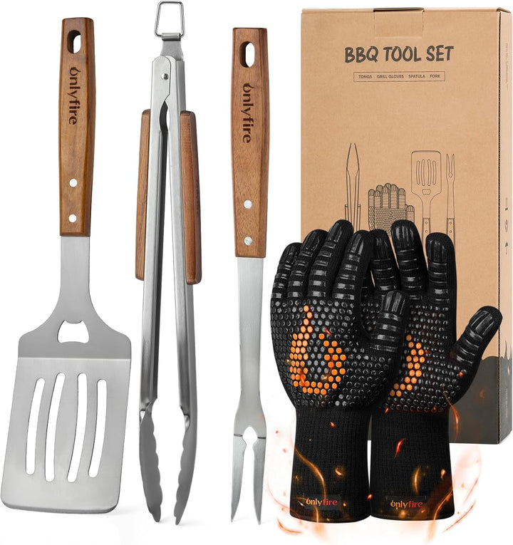 onlyfire BBQ Grillbesteck Set, Enthält Grillzange, Grillwender, Fleischgabel und Grillhandschuhe, Ed