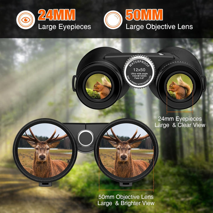12x50 ED Fernglas für Erwachsene – Professionelles Dachkantprisma, HD-Optik, Rutschfester Griff, IPX