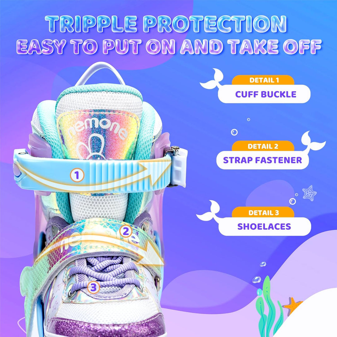 NEMONE Inliner für Mädchen Kinder 4 Grössen Verstellbar Blau Violett inliner für Kinder Drinnen Drau