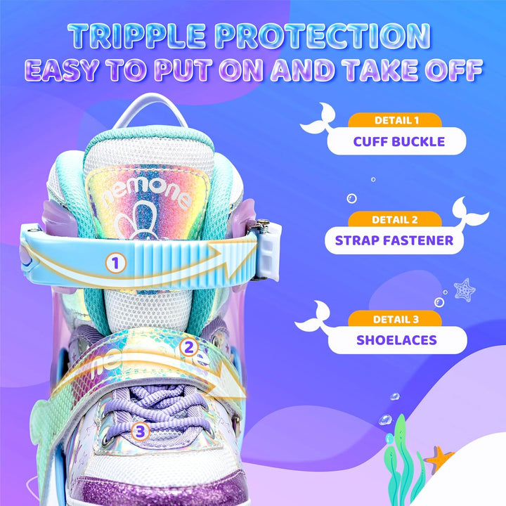 NEMONE Inliner für Mädchen Kinder 4 Grössen Verstellbar Blau Violett inliner für Kinder Drinnen Drau